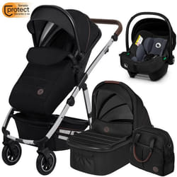 Poussette combinée 3en1 LIONELO Amber - Pack poussette canne Nacelle Siege auto sac et accessoires - Noir/Argent
