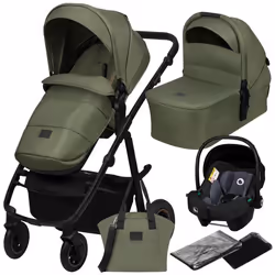 Poussette combinée 3en1 LIONELO Amber Plus - Pack poussette Nacelle Siege auto sac et accessoires - Vert