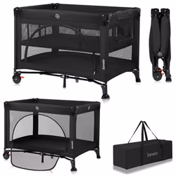 Lit parapluie compact 2en1  LIONELO Laura - Parc bébé - Matelas haute densité - 2 niveaux du matelas - 2 roulettes - Noir
