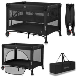 Lit parapluie compact 2en1  LIONELO Laura - Parc bébé - Matelas haute densité - 2 niveaux du matelas - 2 roulettes - Noir