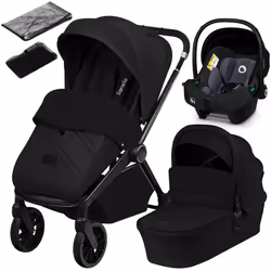 Poussette combinée 3en1 LIONELO Mika Plus - Jusquà 22kg - Pack poussette Trio Nacelle Siege auto sac et accessoires - Noir