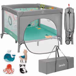 Parc bébé 100x100cm LIONELO Mille - Matelas haute densité - Roulettes - Jouets à scratch - 0-36 mois - Sac inclus - Vert