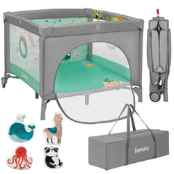 Parc bébé 100x100cm LIONELO Mille - Matelas haute densité - Roulettes - Jouets à scratch - 0-36 mois - Sac inclus - Vert