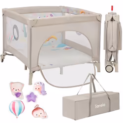 Parc bébé 100x100cm LIONELO Mille - Matelas haute densité - Roulettes - Jouets à velcro - 0-36 mois - Sac inclus - Beige
