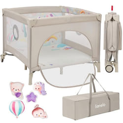 Parc bébé 100x100cm LIONELO Mille - Matelas haute densité - Roulettes - Jouets à velcro - 0-36 mois - Sac inclus - Beige