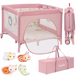 Parc bébé 100x100cm LIONELO Mille - Matelas haute densité - Roulettes - Jouets à scratch - 0-36 mois - Sac inclus - Rose