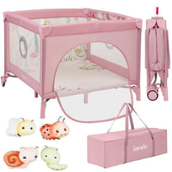 Parc bébé 100x100cm LIONELO Mille - Matelas haute densité - Roulettes - Jouets à scratch - 0-36 mois - Sac inclus - Rose