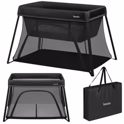 Lit parapluie 3en1 LIONELO Alice - Ultra légère - Lit bébé - Parc bébé - 3cm matelas - Sac inclus - Ouverture zippée - Noir