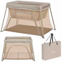 Lit parapluie 3en1 LIONELO Alice - Ultra légère - Lit bébé - Parc bébé - 3cm matelas - Sac inclus - Ouverture zippée - Beige