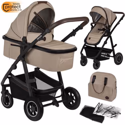 Poussette combinée 2en1 LIONELO Amber - Pack poussette canne Nacelle Sac et accessoires - Grand rous gonflables - Beige