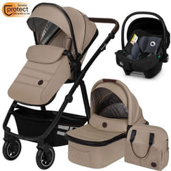 Poussette combinée 3en1 LIONELO Amber - Pack poussette canne Nacelle Siege auto sac et accessoires - Beige