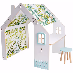 Maisonnette pour enfant en bois "Bianelli" avec bureau et tabouret - 114 x 93 x 120 cm - Blanc / Menthel - Fonction bureau et ...