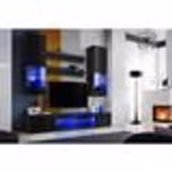 Meuble TV Mural Vida Extreme Furniture - LED bleues - Noir Brillant & Noir - Façades en Brillant - L200cmxH195cmxP45cm