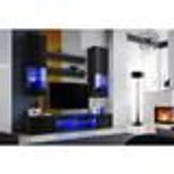 Meuble TV Mural Vida Extreme Furniture - LED bleues - Noir Brillant & Noir - Façades en Brillant - L200cmxH195cmxP45cm