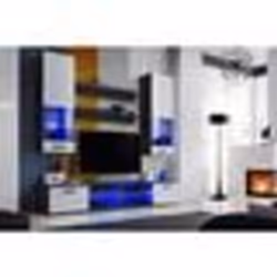 Meuble TV Mural Vida Extreme Furniture - LED bleues - Blanc Brillant & Noir - Façades en Brillant - L200cmxH195cmxP45cm