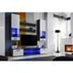 Meuble TV Mural Vida Extreme Furniture - LED bleues - Blanc Brillant & Noir - Façades en Brillant - L200cmxH195cmxP45cm