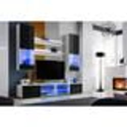Meuble TV Mural Vida Extreme Furniture - LED bleues - Noir Brillant & Blanc - Façades en Brillant - L200cmxH195cmxP45cm
