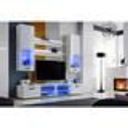 Meuble TV Mural Vida Extreme Furniture - LED bleues - Blanc Brillant & Blanc - Façades en Brillant - L200cmxH195cmxP45cm