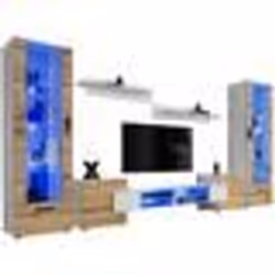 Meuble TV Citadel Extreme Furniture - LED bleues - Bois naturel Mat & Blanc - L~350cm x H195cm x P42cm