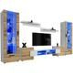 Meuble TV Citadel Extreme Furniture - LED bleues - Bois naturel Mat & Blanc - L~350cm x H195cm x P42cm