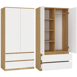 Turin - Armoire de chambre - Penderie multifonctions - 2 portes + 2 tiroirs - Dressing - artisan et blanc