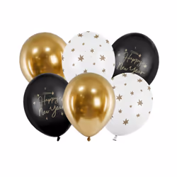 PartyDeco Happy New Year, Ballon-jouet, Noir, Or, Blanc, Réveillon du Nouvel An, Ovale, 30 cm, 6 pièce(s)