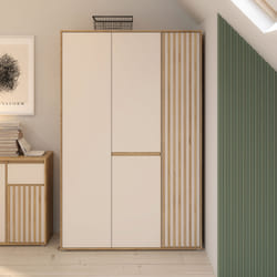 Armoire de chambre - ELLISTON - Décor Sable et Chêne - 3 portes battantes - L1287 x P54 x H200 cm