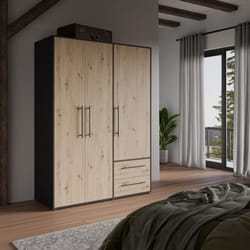 Armoire - Décor Chêne Artisan / Noir - 3 Portes - L144,4 X P58,8 X H200cm - Mokkaris
