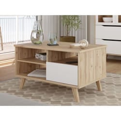 Table Basse - Vankka - Rectangulaire - Chêne / Blanc Mat - Pieds En Bois - 90 X 60 X 51,8 Cm