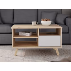 Table Basse - Vankka - Rectangulaire - Chêne / Blanc Mat - Pieds En Bois - 90 X 60 X 51,8 Cm - Vue supplémentaire 2