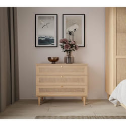 Commode - 3 Tiroirs - Décor Chêne- Cannage - L90,4 X P41,4 X H80 Cm - Calasetta