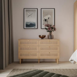 Commode - 6 Tiroirs - Décor Chêne - Cannage - L120 X P41,4 X H80 Cm - Calasetta
