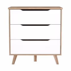 VANKKA Commode de chambre en panneaux de particules décor chene et blanc mat - Style et design scandinave - 3 tiroirs de rang ...
