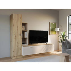 Meuble TV avec Paroi ARYSTARCH - Sable & Chêne - 1 porte + 2 abattants + 3 étagères - 2092 x 52 x 1823 cm