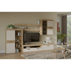 Ensemble meuble TV paroi - ZUMBA - Sable / Chêne - 300 x 41 x 2009 cm - Eclairage LED inclus