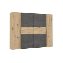 Armoire 2 portes battantes + 2 portes coulissantes - Decor chene artisan et beton gris - l 270,3 x p 61,2 x h 210 cm - narago