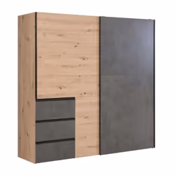 Description générale Armoire WINN2 avec 2 portes coulissantes et 3 tiroirs, au design moderne alliant chêne artisan et optiqu ...