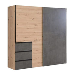 Armoire 2 portes coulissantes 3 tiroirs - Decor chene artisan et beton gris - l 200,1 x p 61,2 x h 200,5 cm - WINN2