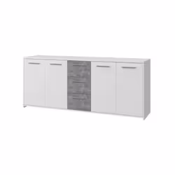 Buffet bas 4 portes 3 tiroirs - Blanc et décor gris béton - L 179 x P 42 x H 74,5 cm