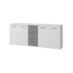 Buffet bas 4 portes 3 tiroirs - Blanc et decor gris beton - l 179 x p 42 x h 74,5 cm