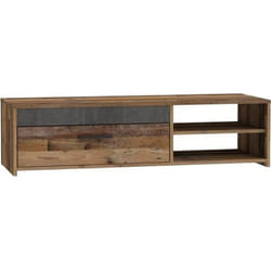 PACO Meuble TV 1 tiroir 2 niches - Décor vieux bois et béton gris foncé - L 120 x P 421 x H 318 cm