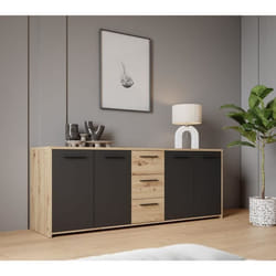 Buffet PILVI - Style contemporain - Particules mélaminé -Décor Chêne artisan et Noir- 4 portes + 3 tiroirs - L1792 x P42 x H745