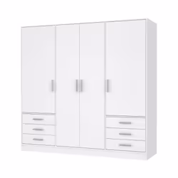 Description générale Armoire moderne avec 4 portes battantes et 6 tiroirs, offrant une penderie avec 2 portes centrales aména ...