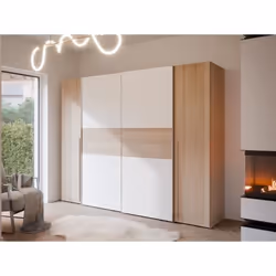 Armoire NARAGO - Décor Chêne Sonoma et blanc mat - 2 portes coulissantes + 2 portes battantes - L270 x P61 x H210 cm