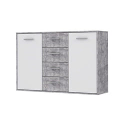 Pilvi Buffet bas 2 portes 4 tiroirs - Blanc et beton gris clair - l 122,6 x p 34,2 h 88,1 cm