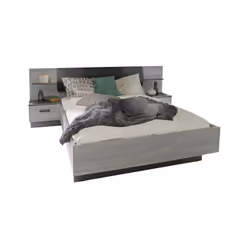 Lit adulte 140x190 cm + 2 chevets et tete de lit en simili - Décor chene - L 195,7 x P 235,5 x H 90,5 cm - LEONARD