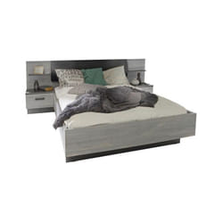 Lit adulte 140x190 cm + 2 chevets et tete de lit en simili - Decor chene - l 195,7 x p 235,5 x h 90,5 cm - leonard