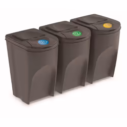 Set of 3 bacs de recyclage ofin variouscolours of 35 litres chacun pour le papier, le verre et le plastique. Le papier, le ve ...