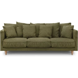 Canapé fixe 4 places CONSTANCE - Tissu vert - Pied en bois massif - L 212 x H 87 x P 93 cm