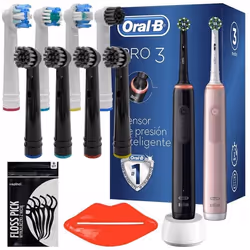 Brosse à dents électrique - Oral-B - Pro 3 3900 - Pack duo rose et noir - 8 embouts - Batterie longue durée